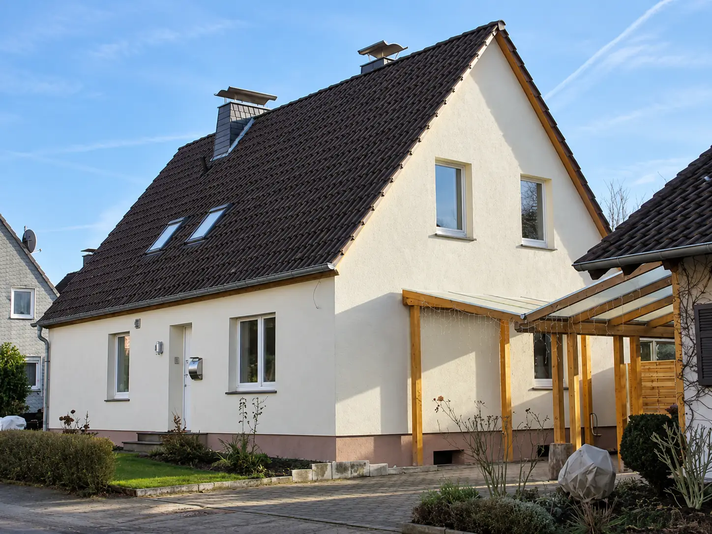Einfamilienhaus nach der Sanierung mit heller Putzfassade und Holzüberdachung