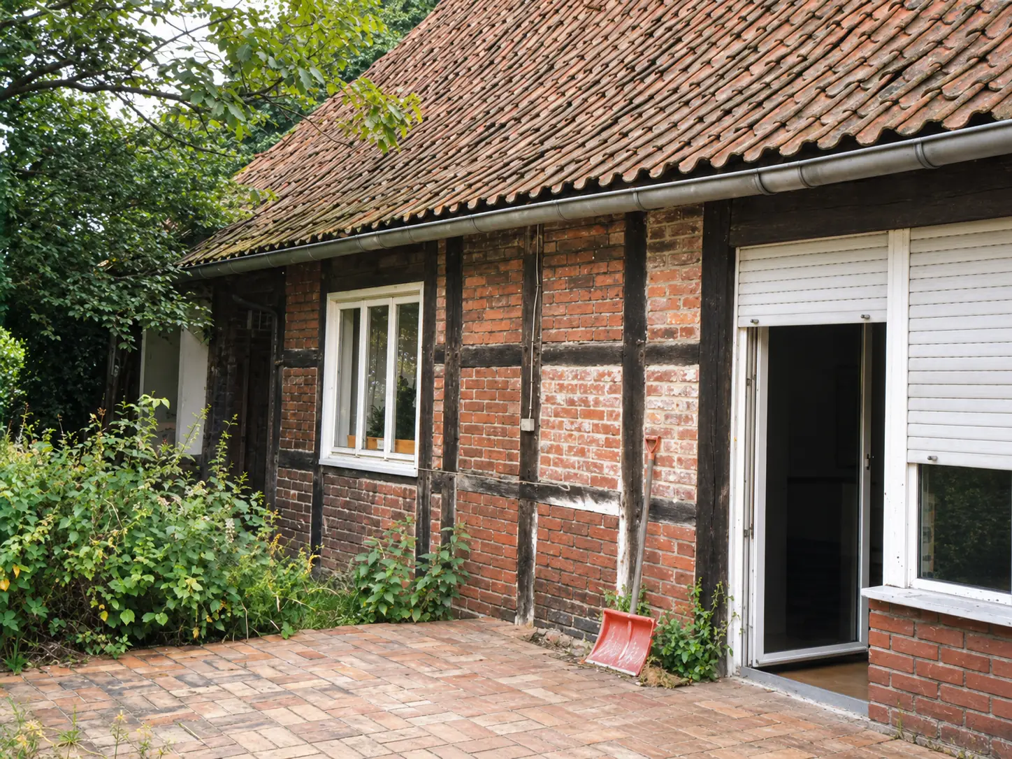 Fachwerkhaus vor der Sanierung mit alten Fenstern und verwittertem Mauerwerk